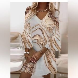 Marble Print V Neck MIDI Dress